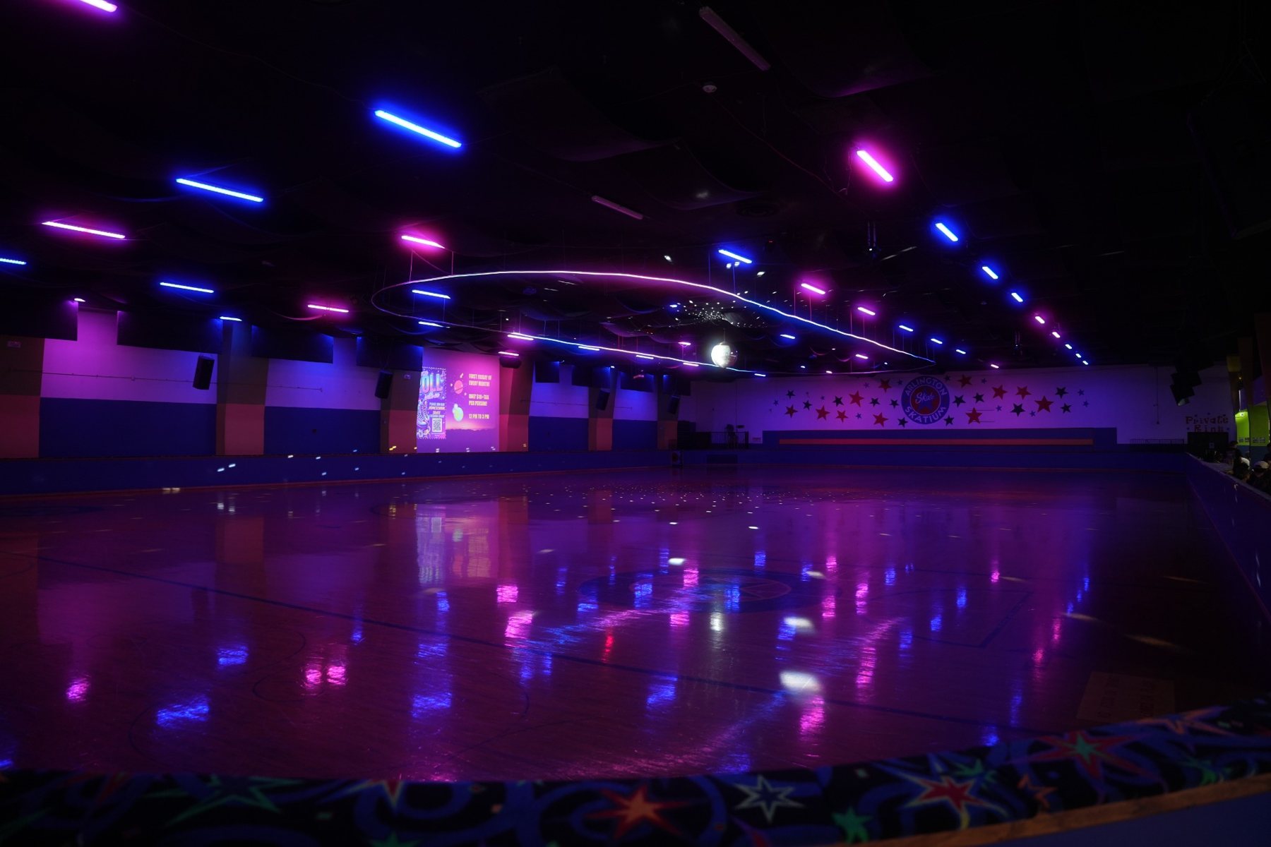 Wide view of the roller rink floor